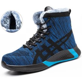 Winter Plush Boots Men Labor Protection Anti-smash Anti-puncture Work Shoes Warm Thickened Breathable Lace-up Safety Shoes (Option: Blue Velvet-Size46)